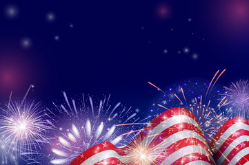 4th of July, American Independence Day celebration background with fire fireworks. Congratulations on Fourth of July. - 158571869