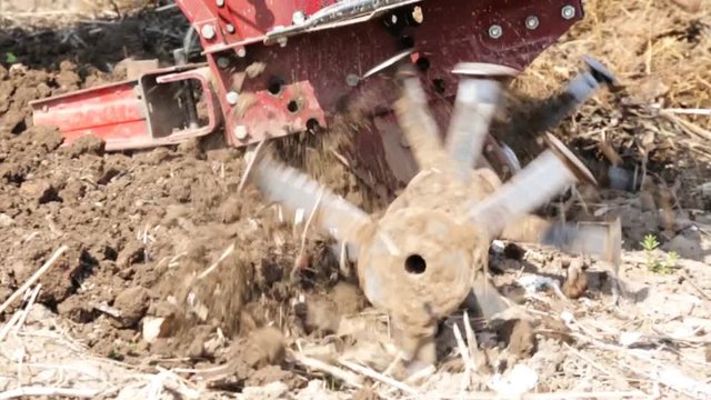 Plowing the soil with a motoblock in slow motion