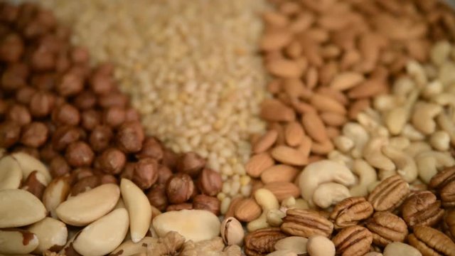 Nuts mix in a canvas bag in table.
