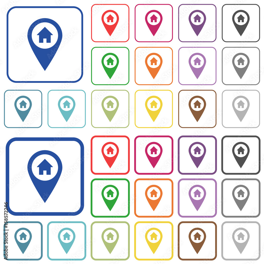 Sticker Home address GPS map location outlined flat color icons