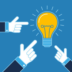 Hands pointing on lit bulb, New idea business illustration vector
