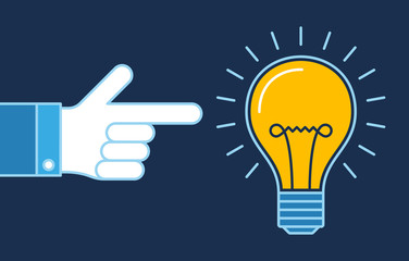 Hand pointing on lit bulb, New idea business illustration vector