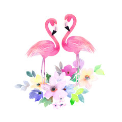 Couple pink flamingos and bouquet flowers. Watercolor print for  invitation, birthday, celebration, greeting card