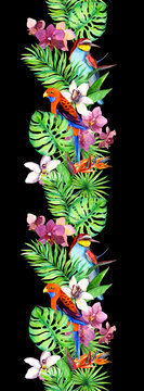 Tropical leaves, exotic parrot bird, orchid flowers. Seamless border. Watercolor stripe