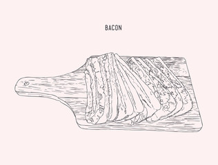 bacon sliced on wood tray, sketch vector.