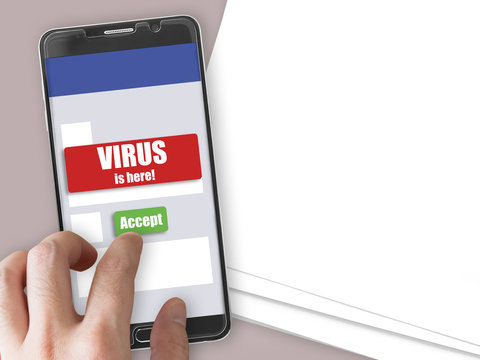 Smartphone with virus notification and accept button.