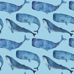 Watercolor seamless pattern with whale on blue background