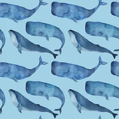 Wall murals Ocean animals Watercolor seamless pattern with whale on blue background