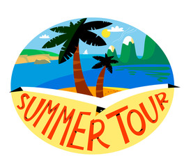 Fototapeta na wymiar Summer beach vector background. Tropical landscape with ocean, mountains and palms. Round sticker. Summer tour lettering. Design for summer holidays and vacations.