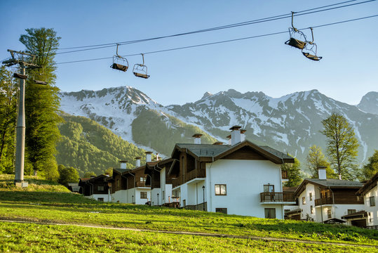 A Canopy Chairlift And Chalet In Mountains. Rosa Khutor In The Summer, Adler