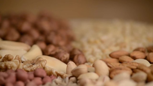 Nuts mix in a canvas bag in table.