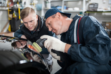 Sports car in a workshop