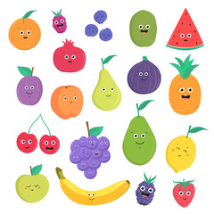 Set of cute fruits and berries with smiles. Bright vegetarian food collection on white background. Colorful vector illustration in cartoon style.
