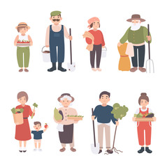 Set of village people. Different young, adult, old farmers and kids. Happy man and woman with seedlings, crops, tools. Colorful vector illustration in cartoon style.