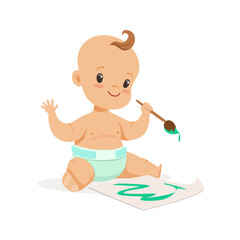 Happy baby in a diaper painting with paintbrush and colorful paints, cartoon character vector Illustration