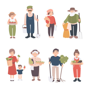 Set Of Village People. Different Young, Adult, Old Farmers And Kids. Happy Man And Woman With Seedlings, Crops, Tools. Colorful Vector Illustration In Cartoon Style.