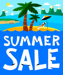 Fototapeta na wymiar Summer shopping background. Summer sale lettering. Seasonal placard with beach landscape