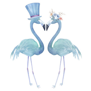 Two watercolor flamingo. Hand drawn illustration for wedding, invitation, greeting card
