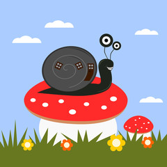 Funny cartoon snail on a toadstool. Creative vector illustration in childish style.