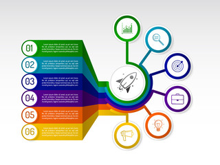 Infographic circle with icons and text blocks. Radial diagram with 6 options. Vector template for business presentation.
