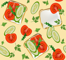 Seamless pattern with traditional Breakfast toast. Bread, cucumbers, tomatoes on a beige background. Vector illustration