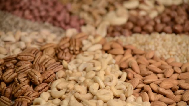 Nuts mix in a canvas bag in table.