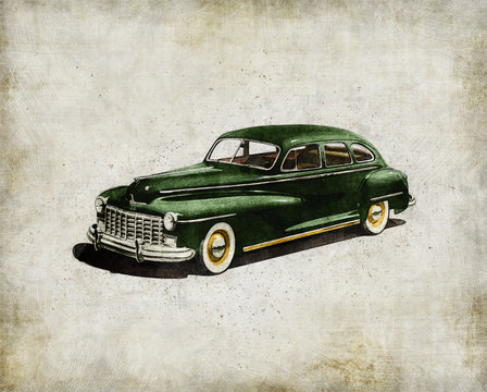 Retro car - American classics. Green antique automobile over hatched background.