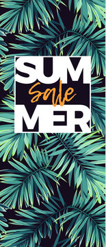 Dark floral sale design with exotic plants. Vector tropical banner with green phoenix palm leaves.