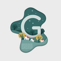 Alphabet in paper cut shapes with trees and mountains in the layers : Vector Illustration