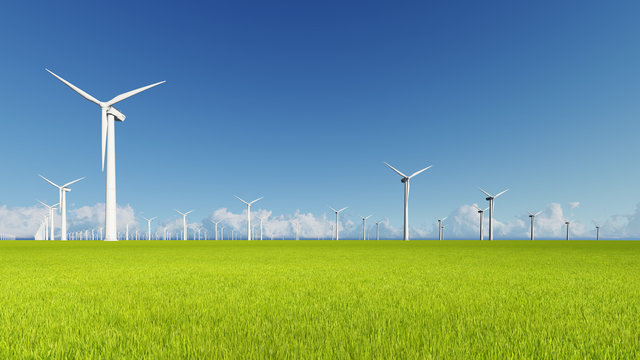 Wind Turbines on green grass 3D render