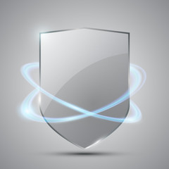 Glass shield with blue glow in motion on grey background, vector illustration