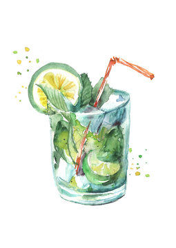 Watercolor drawing - cocktail of fruits, circe, lemon slice, lime, mint, ice. Cool drink with ice. On white isolated background. Logo, postcard, card, drawn by hand graphics