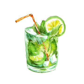Watercolor drawing - cocktail of fruits, circe, lemon slice, lime, mint, ice. Cool drink with ice. On white isolated background. Logo, postcard, card, drawn by hand graphics