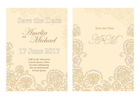 Save the date card template in beige colors. Flyer decorated with ornamental flower. Greeting card with floral pattern. Vertical Background. Vector illustrator. Stock vector.
