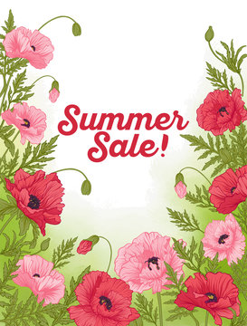 Summer sale card with red and pink poppy on green watercolor background. Stock line vector illustration.