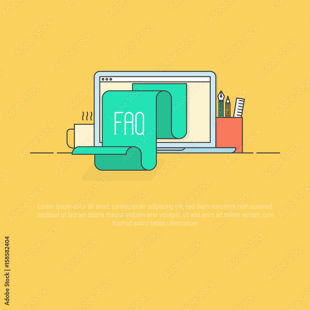 Poster concept faq for website: list jumps out from notebook near stand coffee and pencils. thin line vecto