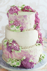 Wedding festive Cake With cream flowers lilac On White Background