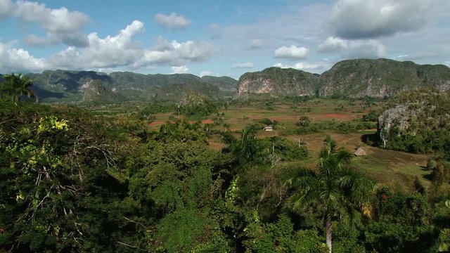 Elevated view of Vinales Valley National Park in Cuba. Sierra de los Órganos mountains on the background