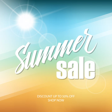 Summer Sale banner with hand lettering and blurred background for business, promotion and advertising. Vector illustration.