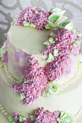 Wedding festive Cake With cream flowers lilac On White Background