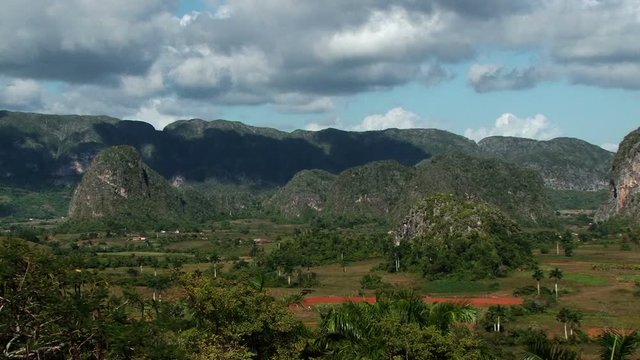 Static shot of Vinales Valley National Park in Cuba. Sierra de los Órganos mountains on the background