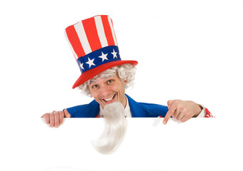 USA: Excited Uncle Sam Behind White Card