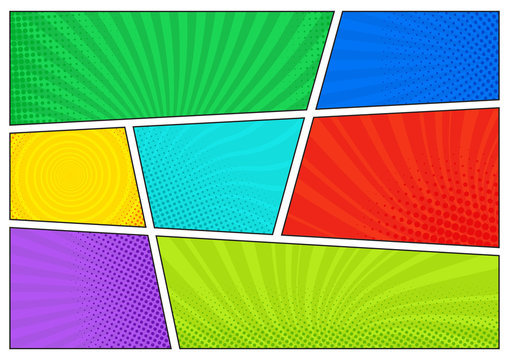 Horizontal comics backdrop. Bright template with cells, halftone effects and rays. Vector colorful background in pop-art style.
