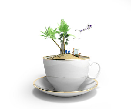 Island in a cup of coffee Concept of travel 3d render on white
