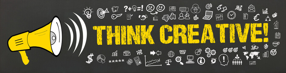 Think Creative! / Megafon mit Symbole