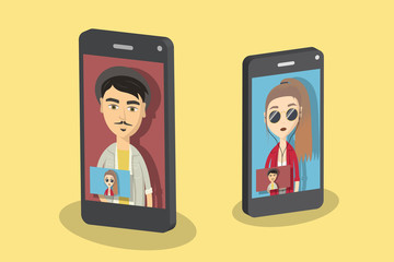 Man and woman having a video call. Flat vector illustration.