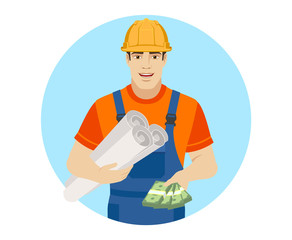 Builder holding the project plans and showing cash money