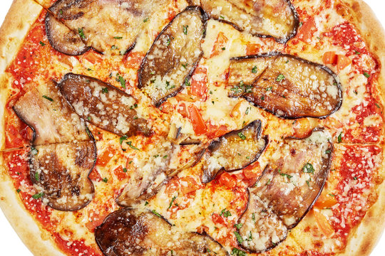 vegetable pizza with eggplant closeup macro view