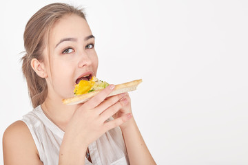 happy woman with pizza on white background with copyspace