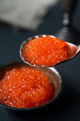 Red caviar in silver spoon on a dark background, selective focus